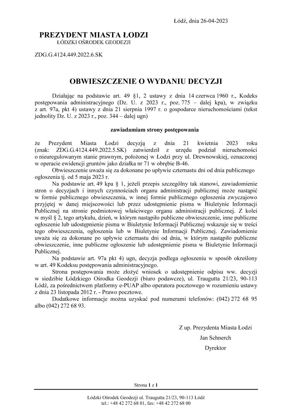 Obwieszczenie o wydaniu decyzji o podziale nieruchomości