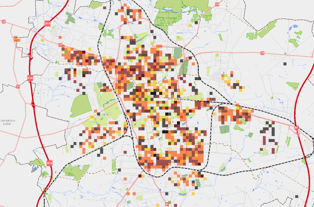 Zrzut ekranu z poglądową mapą cen mieszkań dla łódzkiego rynku mieszkaniowego