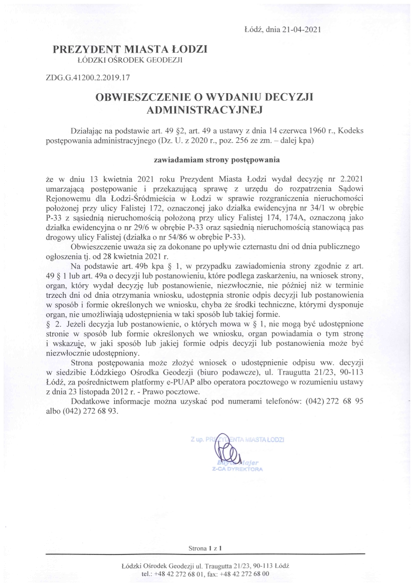 Obwieszczenie o wydaniu decyzji administracyjnej
