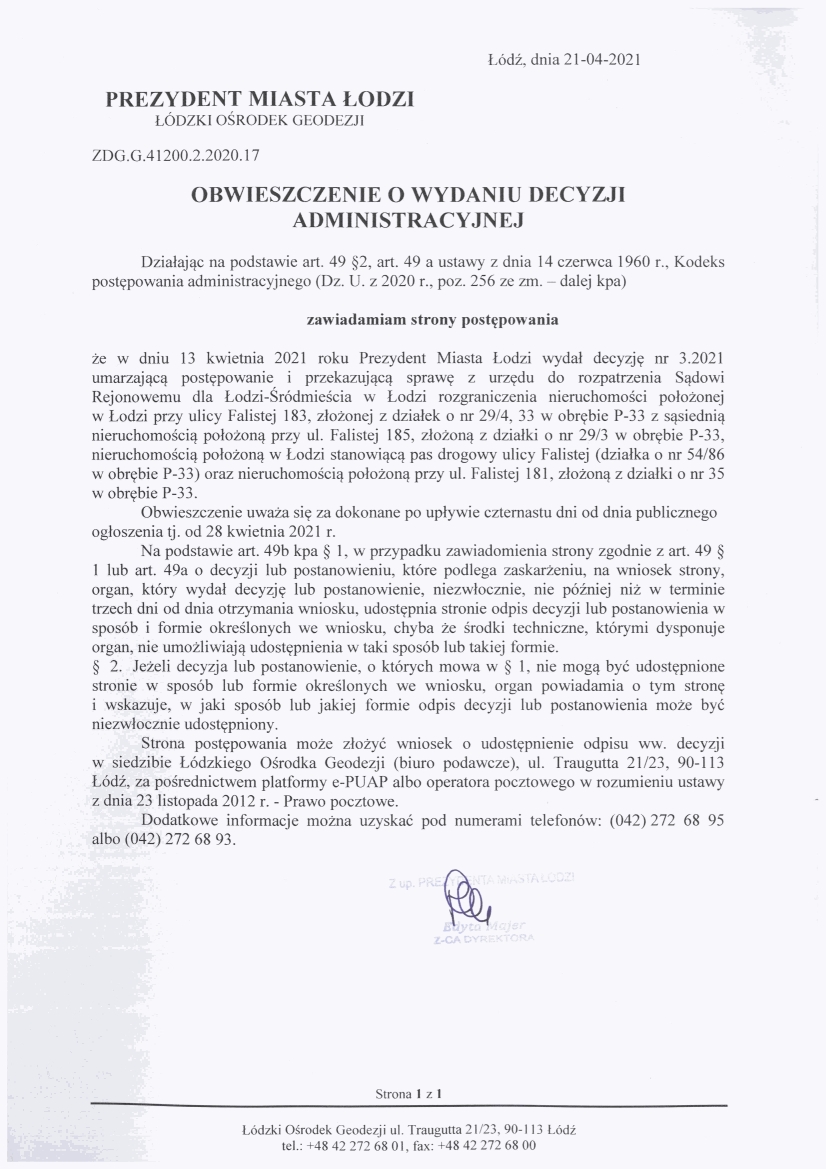 Obwieszczenie o wydaniu decyzji administracyjnej